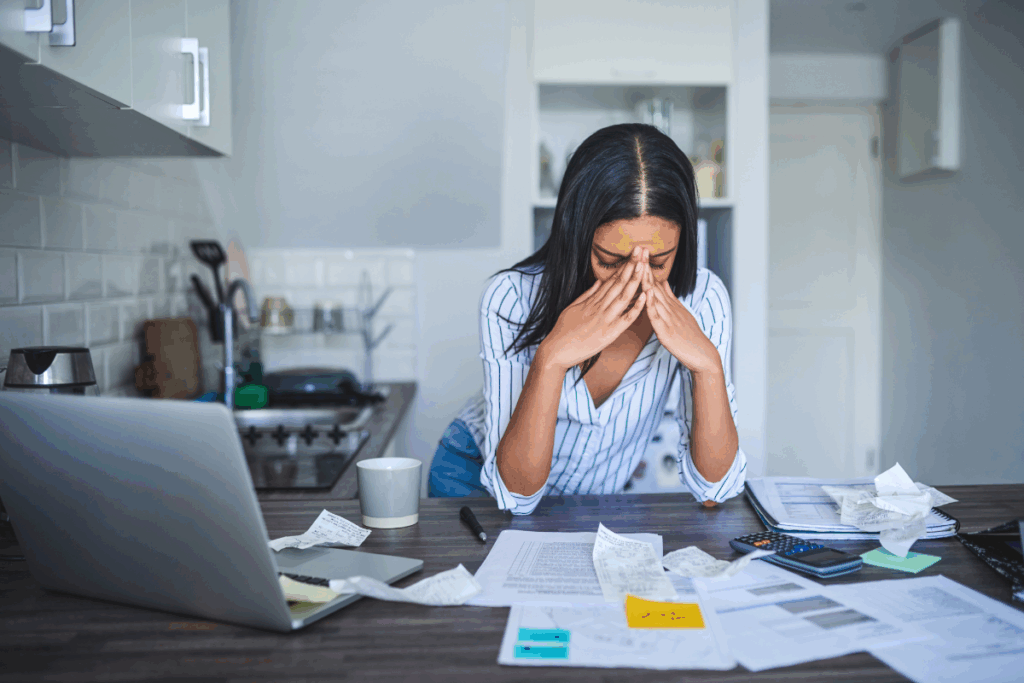 Overwhelmed woman sitting on her kitchen benchtop with an open laptop, surrounded by scattered papers and notes. Frustration and exhaustion show as she navigates moving-related tasks. Represents the common mistakes people overlook before relocating to New Zealand—driver’s license, rental history, and pet documentation.