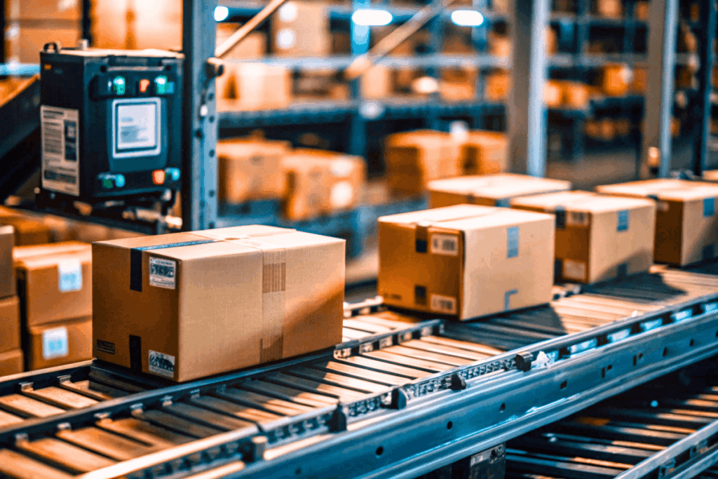 Conveyor belt carrying cardboard packages through a warehouse shipping zone, with shelves of boxes and a control panel visible—representing automated logistics and international online deliveries, relevant to shopping from Amazon and overseas retailers in New Zealand.